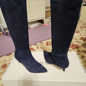 NIB Ralph Lauren McKay Navy Suede Kitten Heel Tall Boots